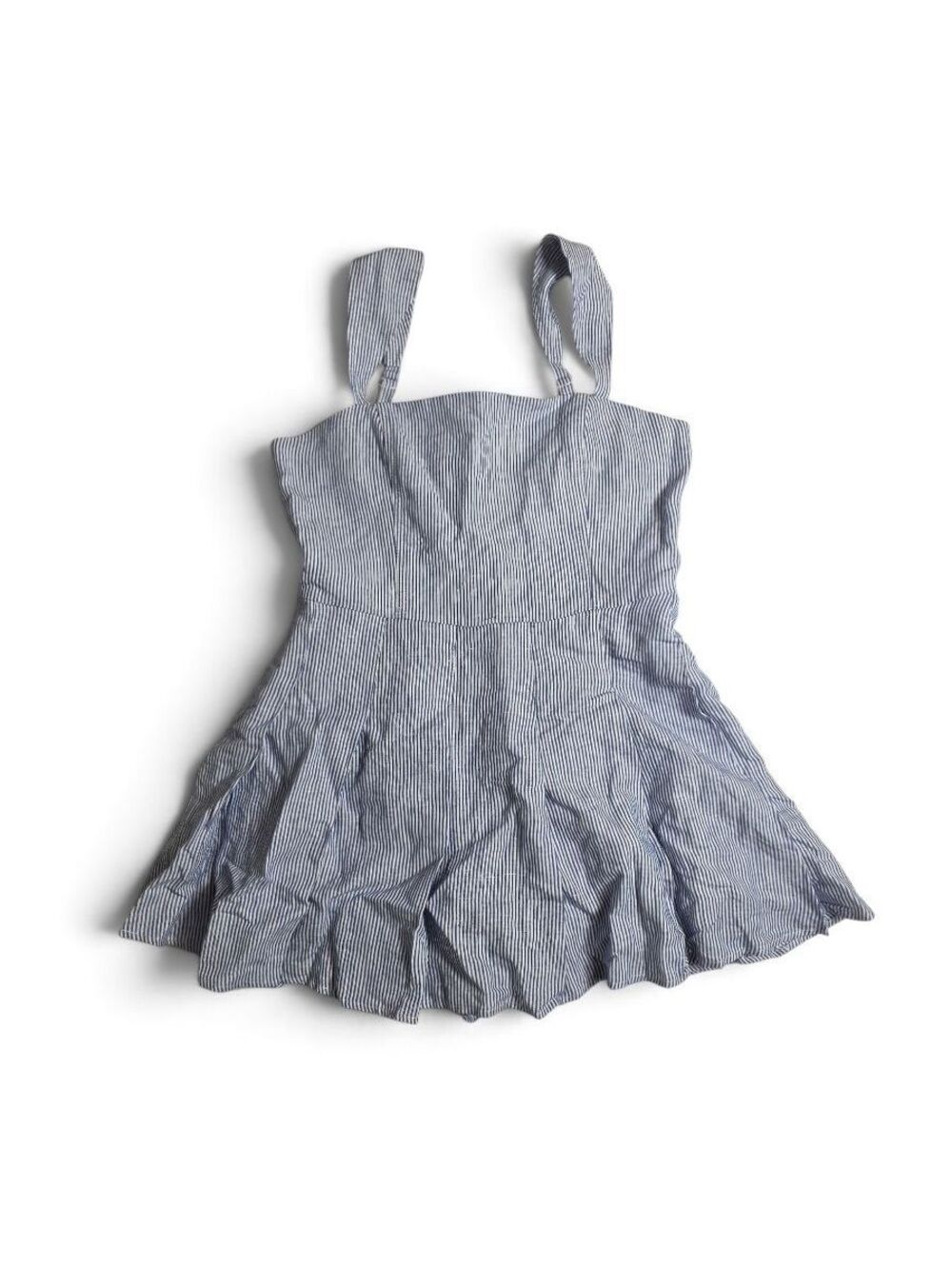 Olivaceous Linen Blue White Seersucker Stripe Romper Skort Coastal Preppy Large